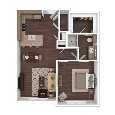 a stylized floor plan with a bedroom and living room